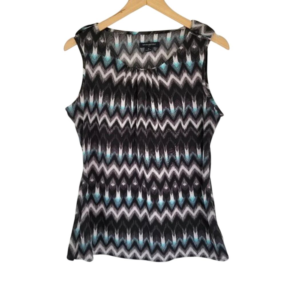 Banana Republic Sleeveless Chevron Blouse Womens M Black White Teal Satin Tank